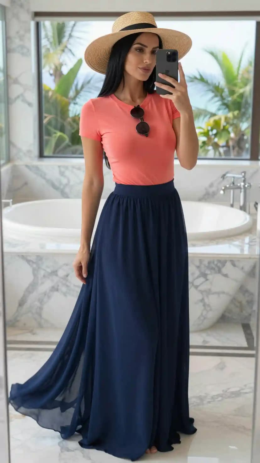 Coral Cotton Tee + Navy Chiffon Maxi Skirt + Straw Sun Hat