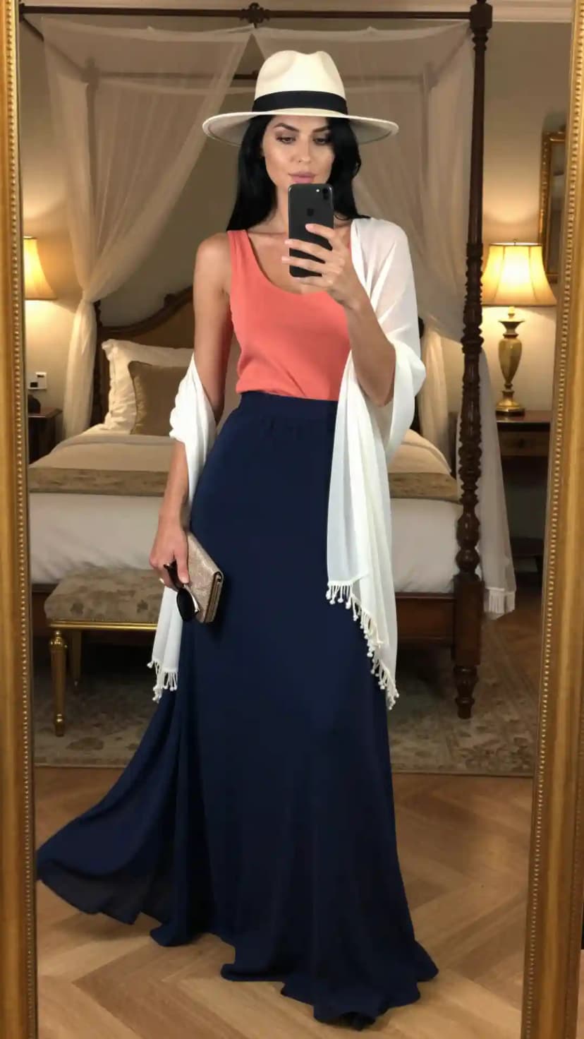 Coral Knit Tank + Navy Chiffon Maxi Skirt + White Chiffon Scarf