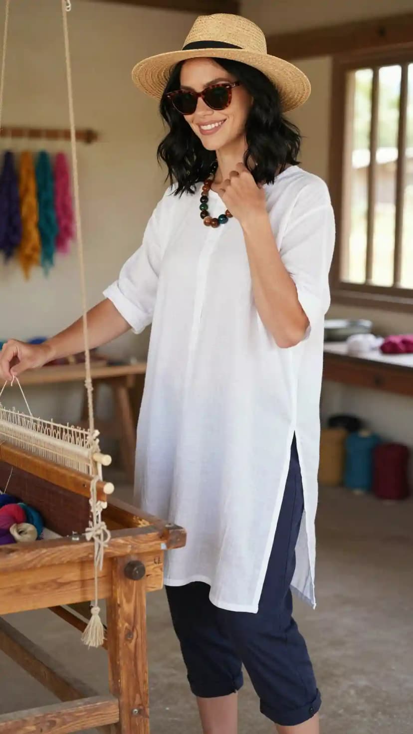 White Cotton Tunic + Navy Linen Cropped Trousers