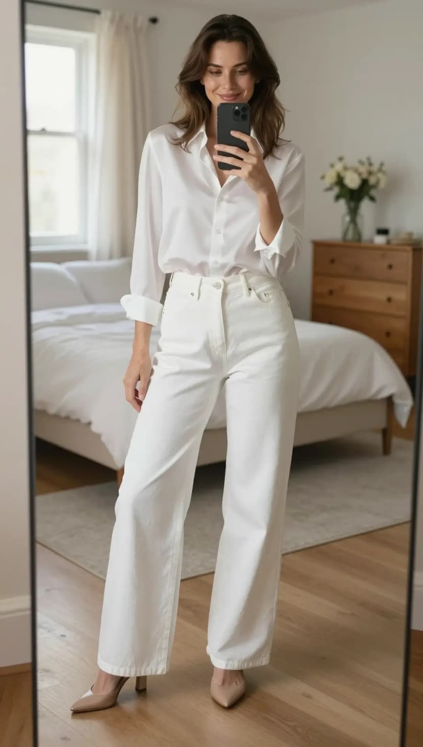 White Silk Button-Down Shirt + White Wide-Leg Denim Jeans + Nude Pointed-Toe Heels