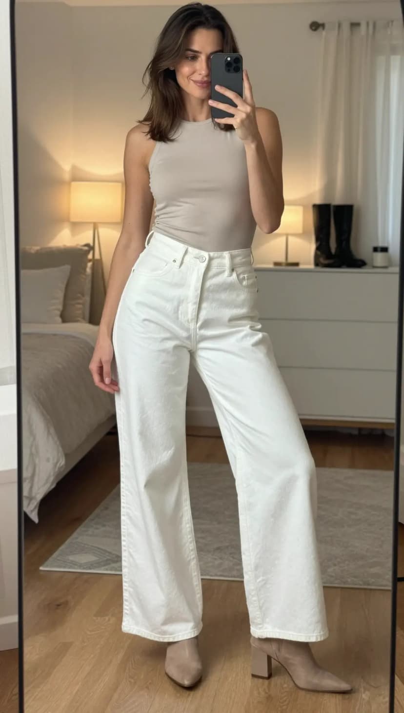 Taupe Ribbed Knit Tank + White Wide Leg Denim Jeans + Taupe Suede Block Heel Booties