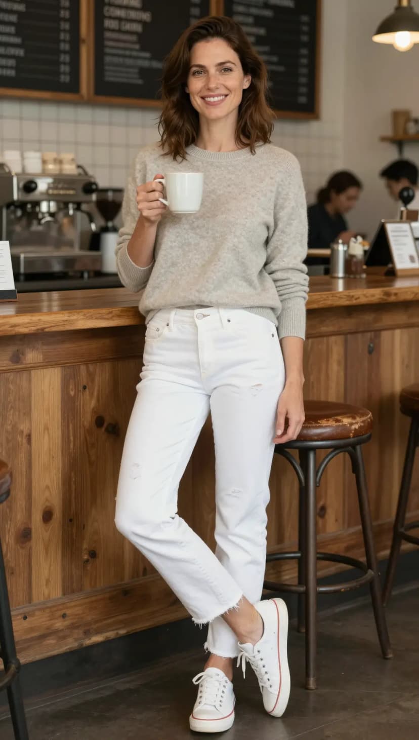 Grey Crew Neck Sweater + White Distressed Denim Jeans + White Canvas Sneakers
