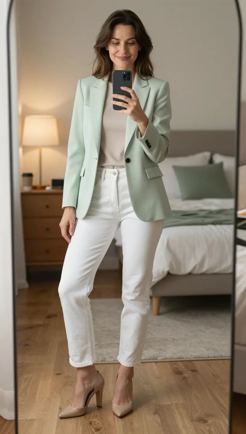 Mint Green Blazer + Beige Knit Top + White Denim Jeans + Nude Heels