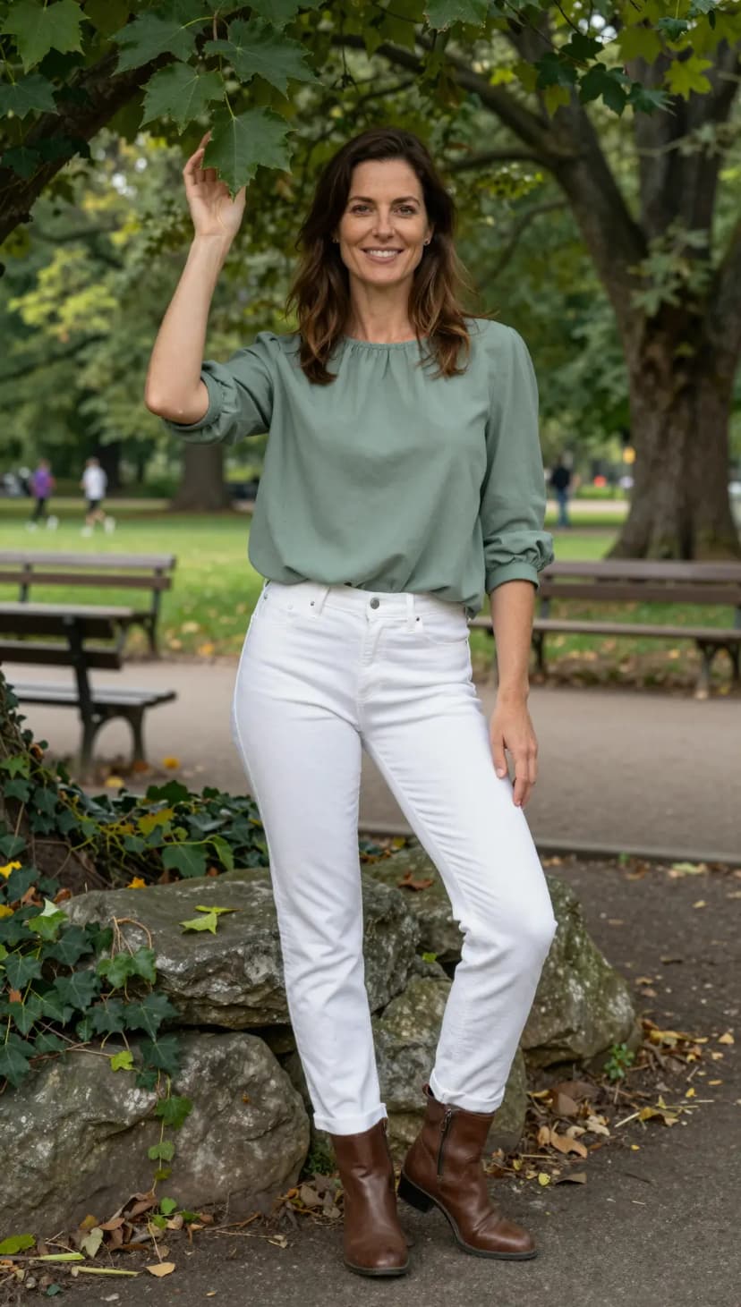 Sage Green Cotton Top + White Denim Jeans + Brown Leather Ankle Boots