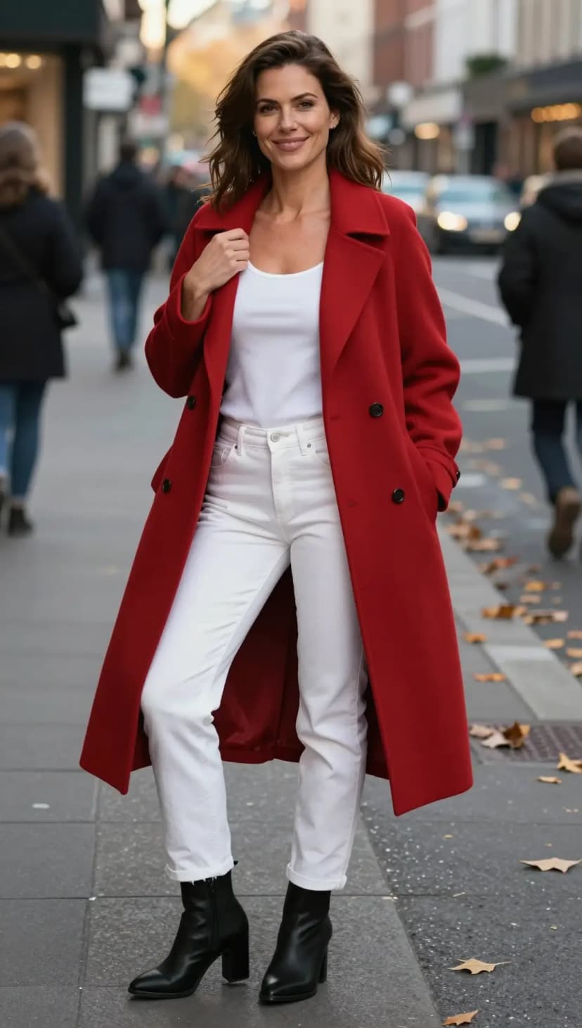 Red Wool Coat + White Denim Jeans + Black Leather Boots