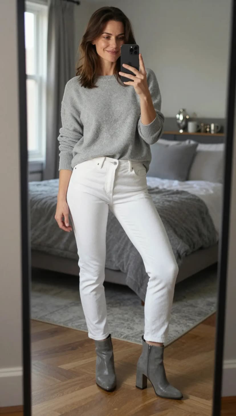 Grey Knit Sweater + White Denim Jeans + Grey Suede Ankle Boots