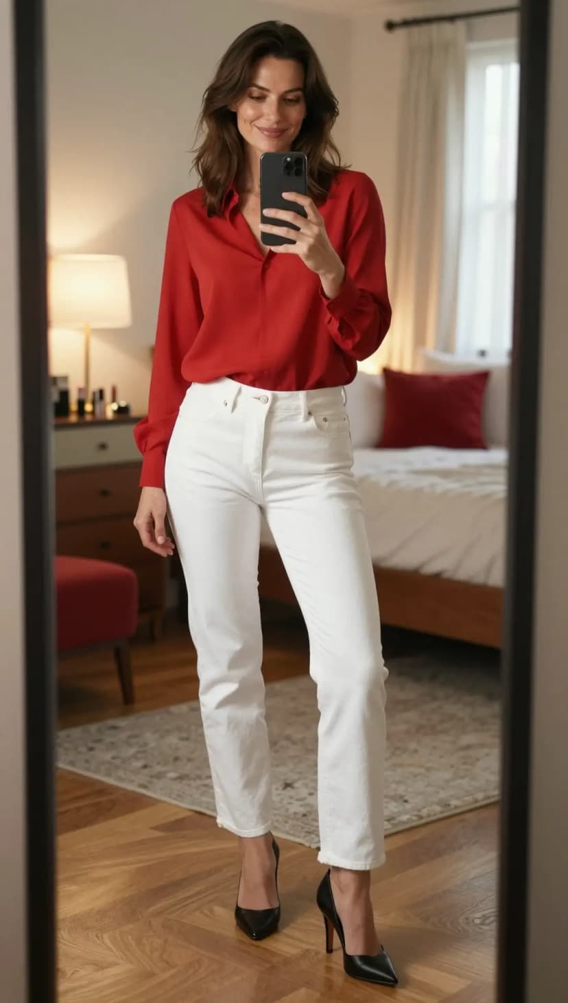 Red Silk Blouse + White Denim Jeans + Black Leather Pumps