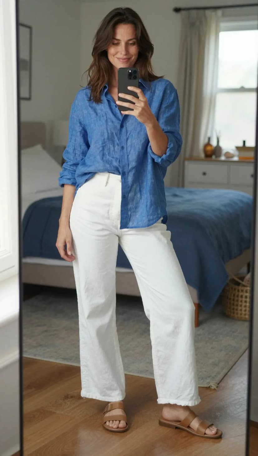 Blue Linen Button-Up Shirt + White Wide-Leg Jeans + Brown Leather Slide Sandals