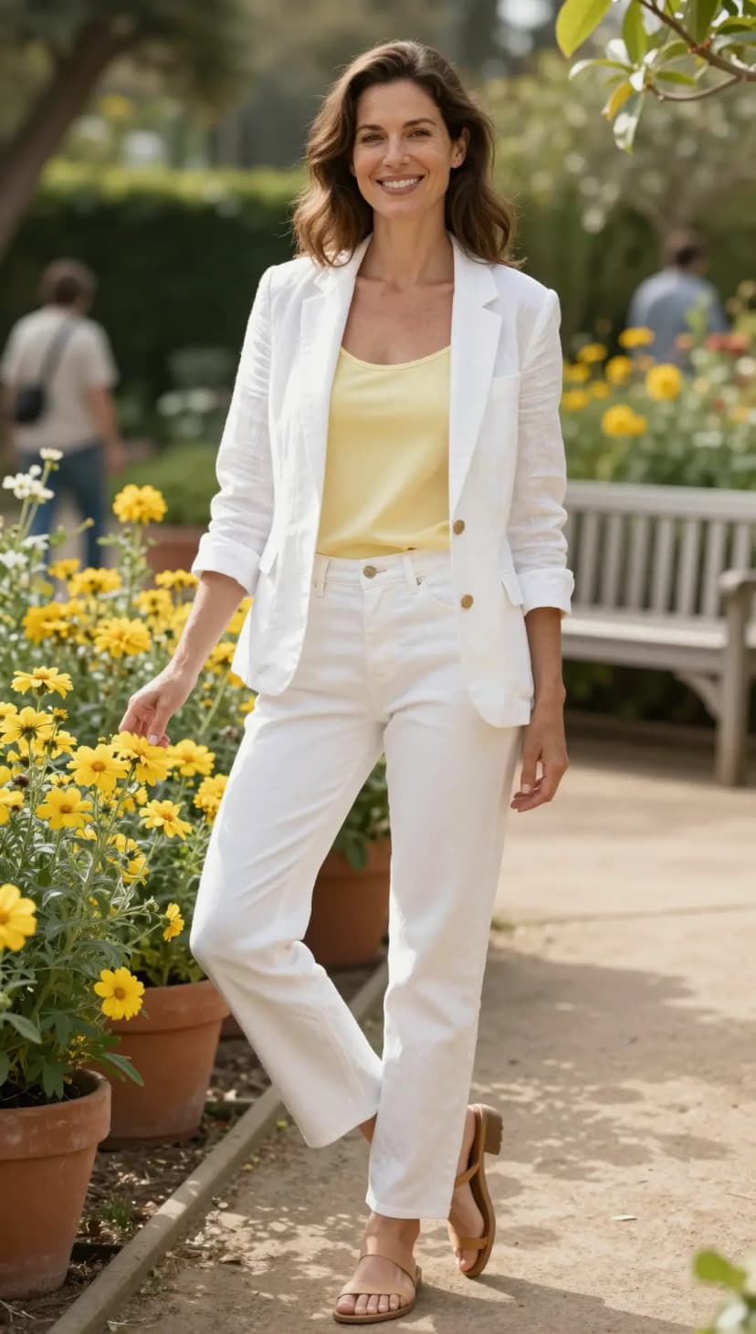 White Linen Blazer + Yellow Silk Camisole + White Denim Jeans + Tan Leather Sandals