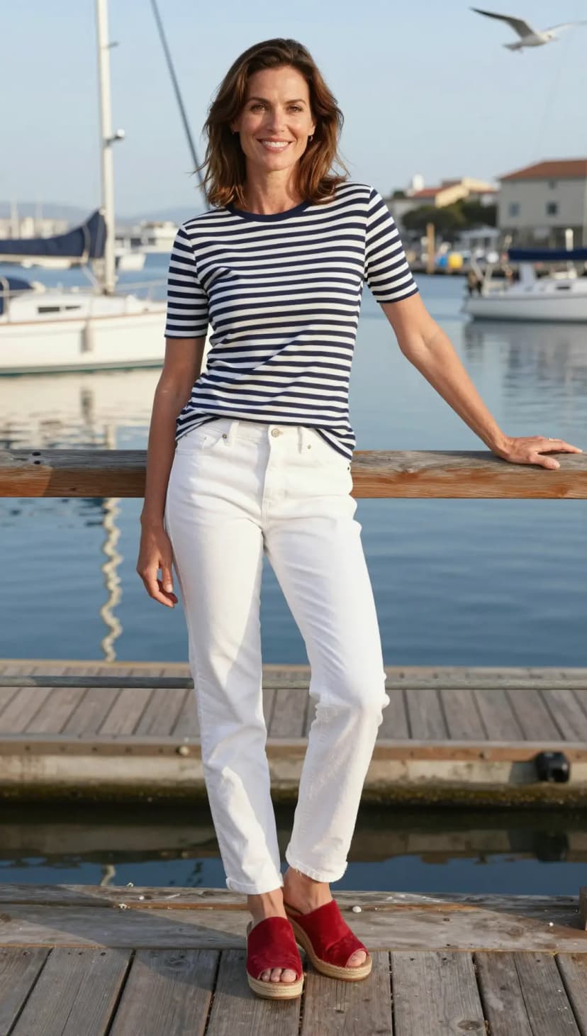 Navy and White Striped Cotton T-shirt + White Denim Jeans + Red Suede Platform Mules