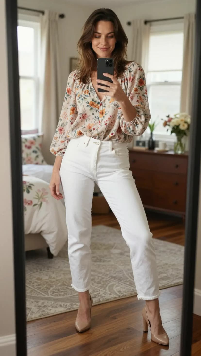 Cream Floral Print Chiffon Blouse + White Denim Straight Leg Jeans + Nude Leather Pumps