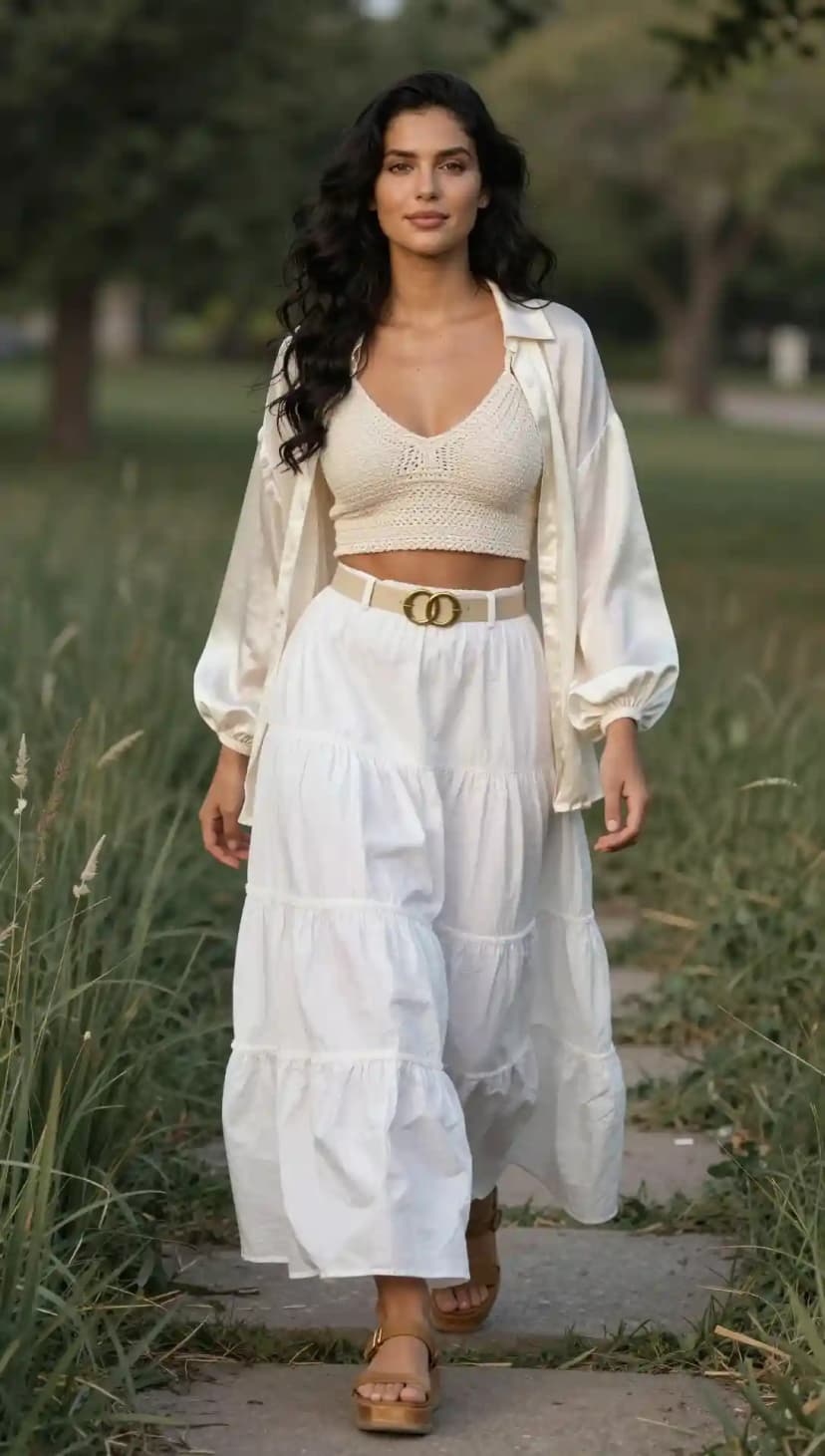 Cream Crochet Crop Top + White Tiered Cotton Maxi Skirt + Cream Satin Button-Up Shirt
