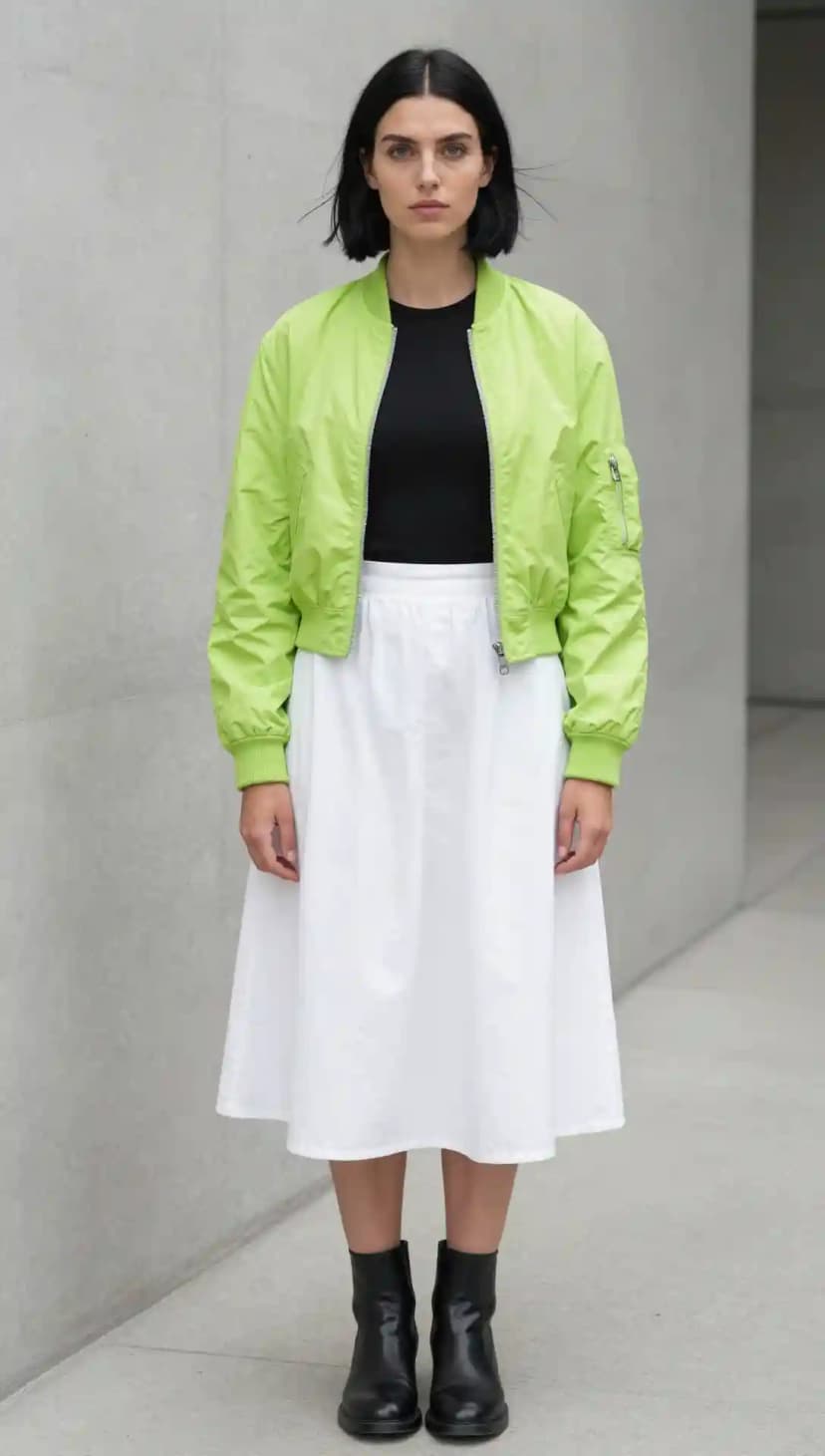 Black Knit Top + White Cotton Midi Skirt + Neon Green Nylon Bomber Jacket
