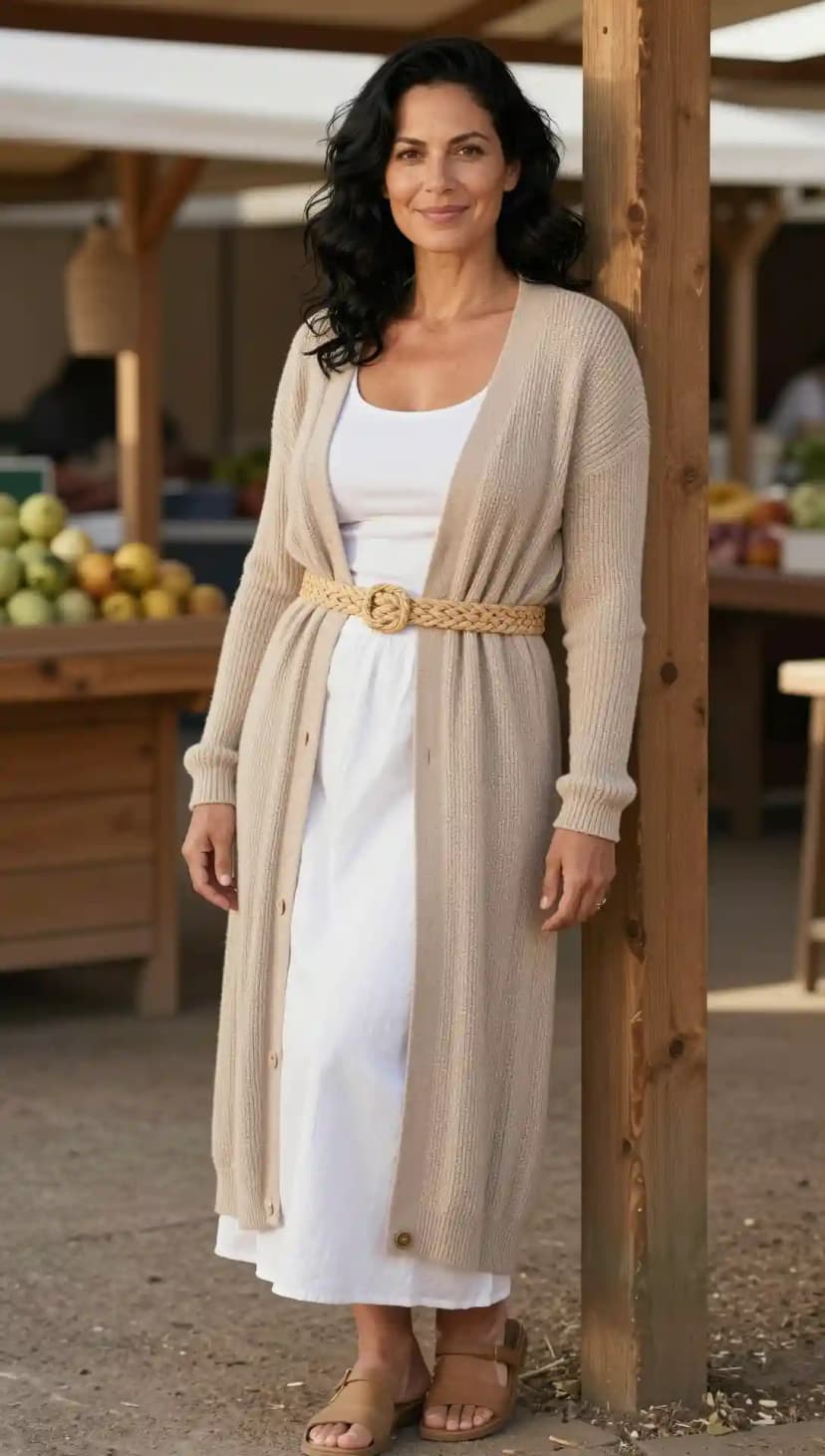 White Cotton Maxi Dress + Beige Knit Long Cardigan