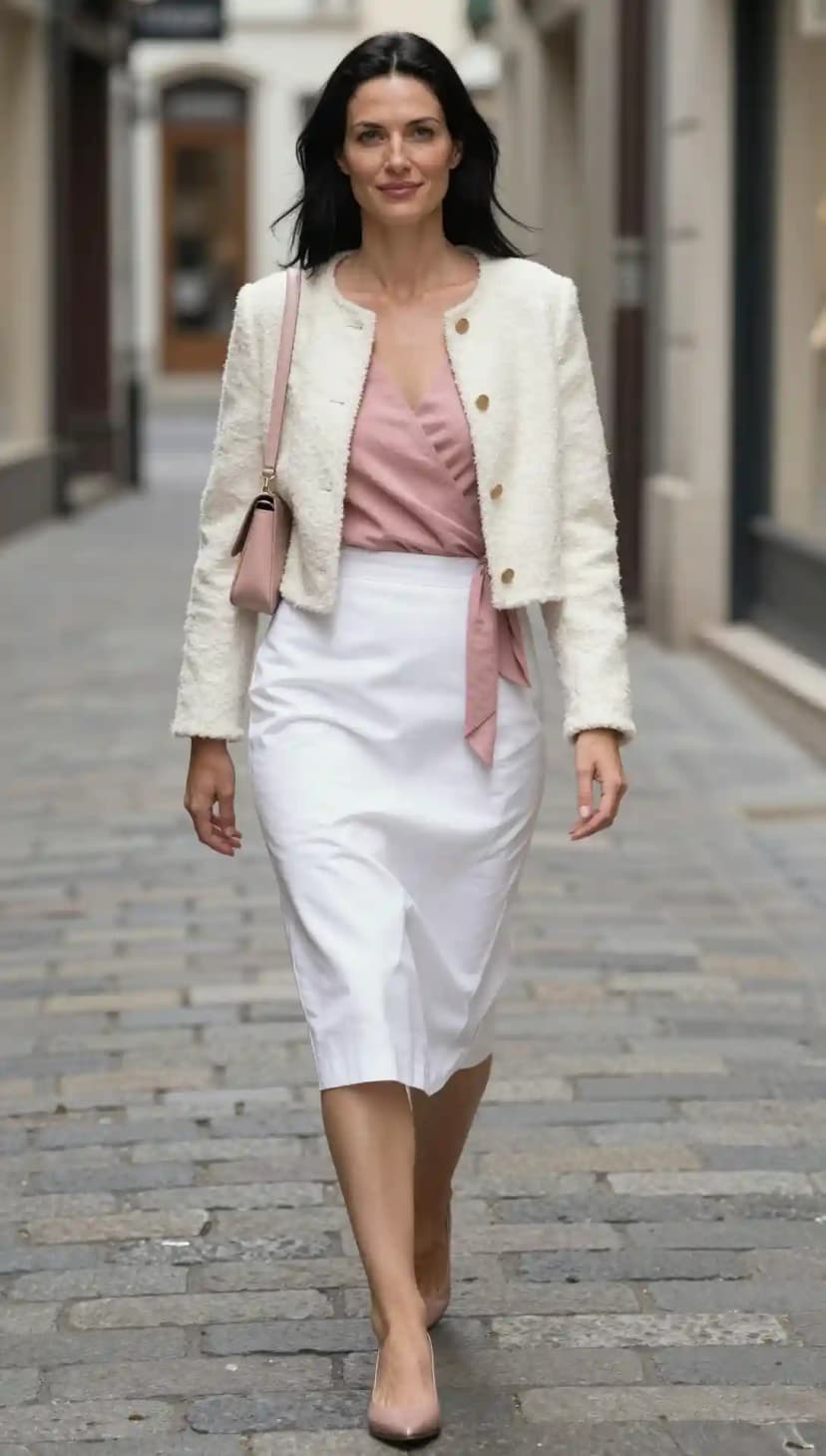 Cream Tweed Cropped Jacket + Pink Wrap Top + White Cotton Midi Skirt