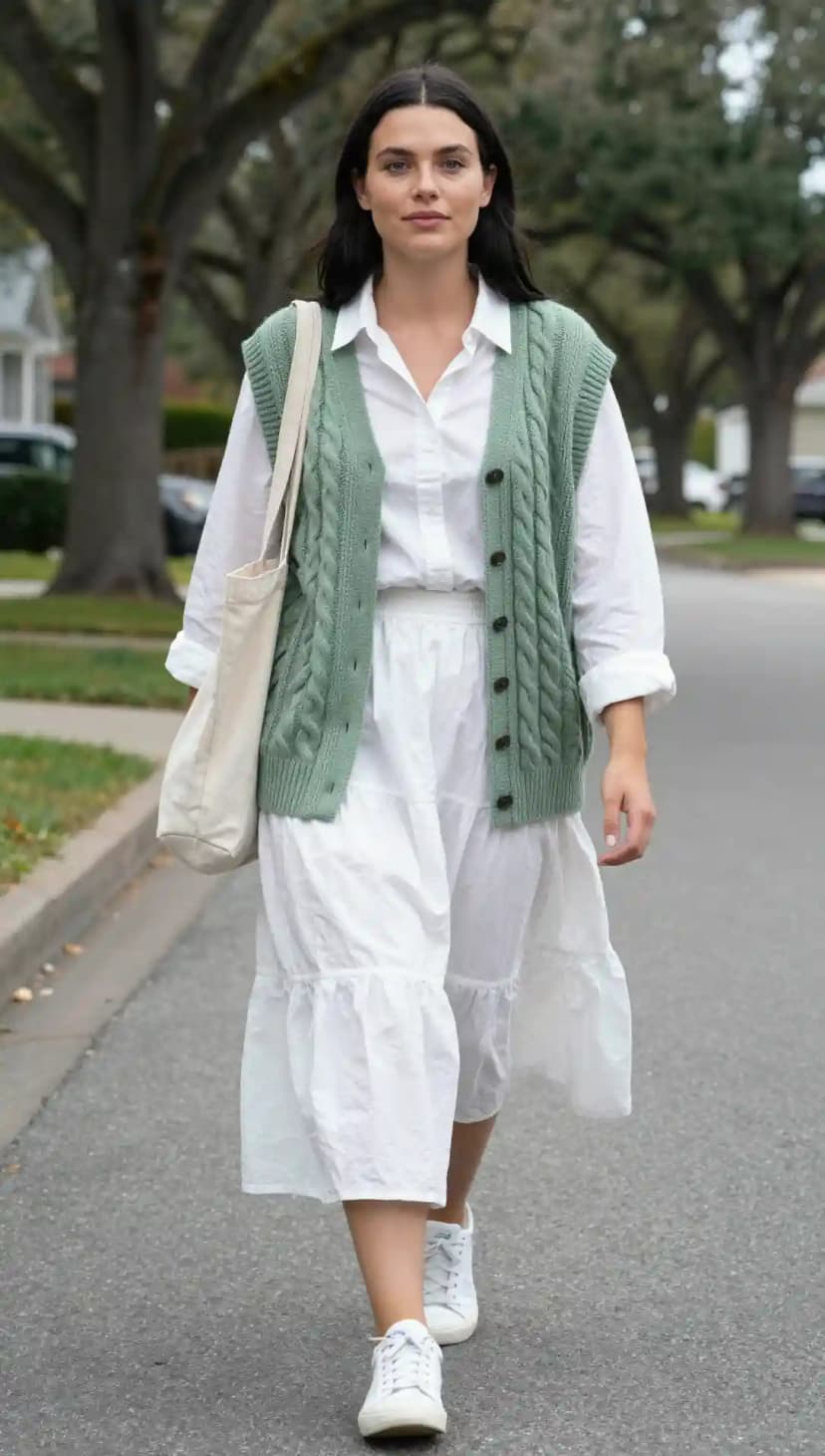 White Cotton Button-Down Shirt + White Cotton Midi Skirt + Green Cable Knit Vest