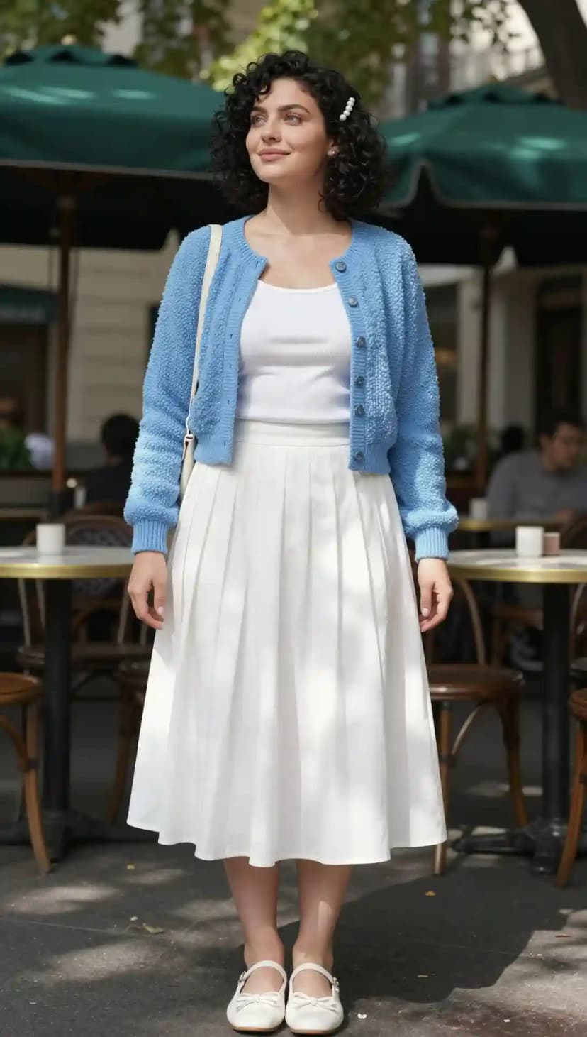 White Cotton Midi Skirt + White Ribbed Tank Top + Blue Chenille Cardigan