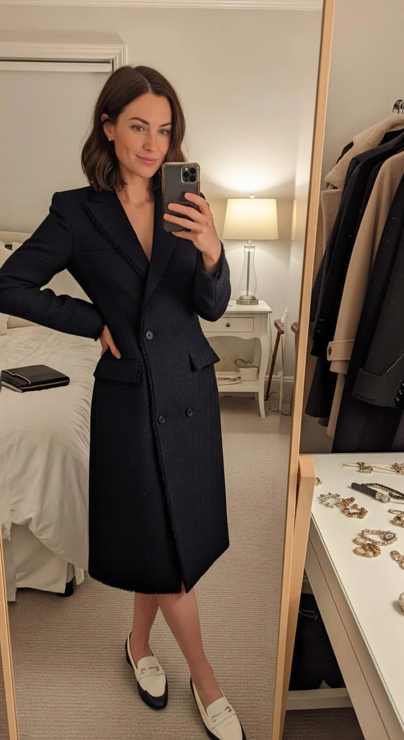 Black Boucle Coat Dress + Ivory Loafers