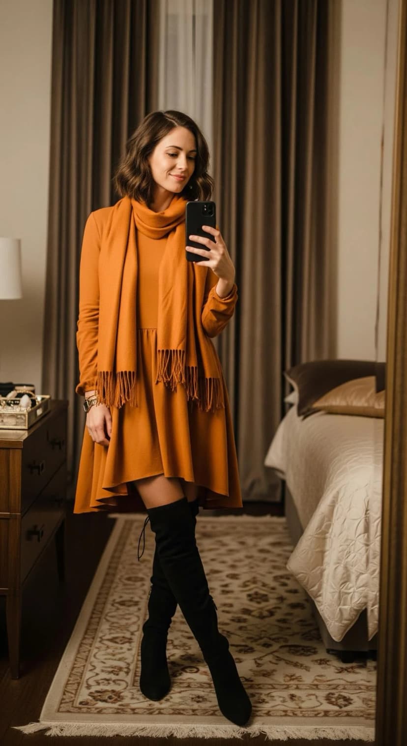 Tangerine Knit Dress + Tangerine Fringe Scarf + Black Suede OTK Boots