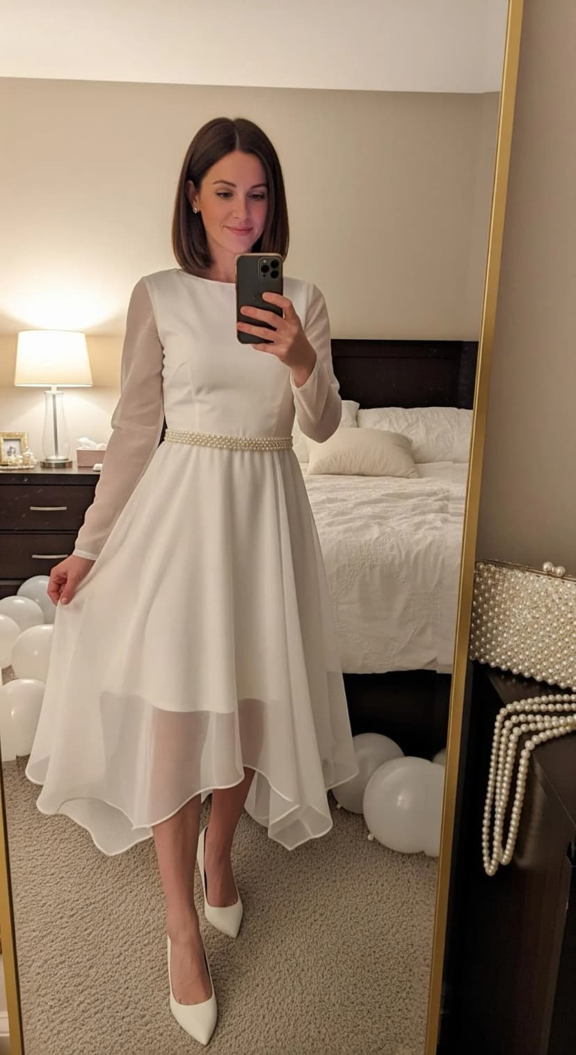 White Chiffon Midi Dress + Pearl Belt + White Pumps