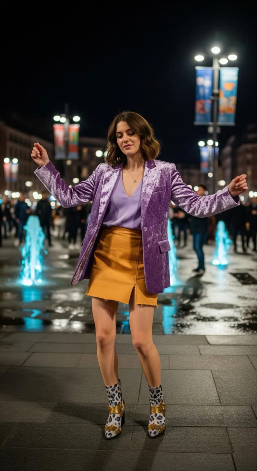 Lavender V-Neck Top + Gold Denim Mini Skirt + Lavender Velvet Blazer + Leopard Print Ankle Boots