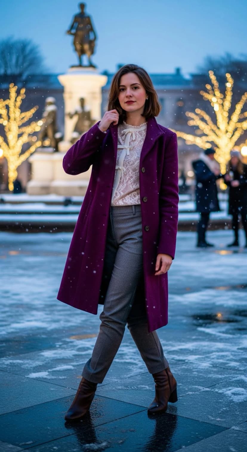 Cream Lace Blouse + Grey Wool Trousers + Plum Wool Coat + Brown Leather Boots