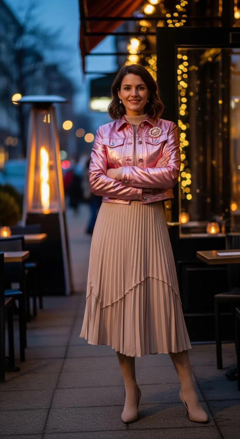 Pink Metallic Jacket + Beige Pleated Midi Skirt + Beige Heels