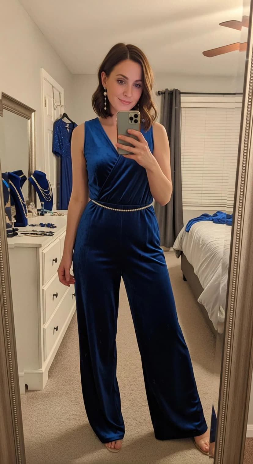 Royal Blue Velvet Jumpsuit + Pearl Belt + Pearl Drop Earrings