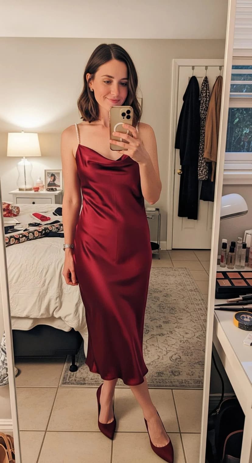 Ruby Satin Slip Dress + Burgundy Pointed Heels
