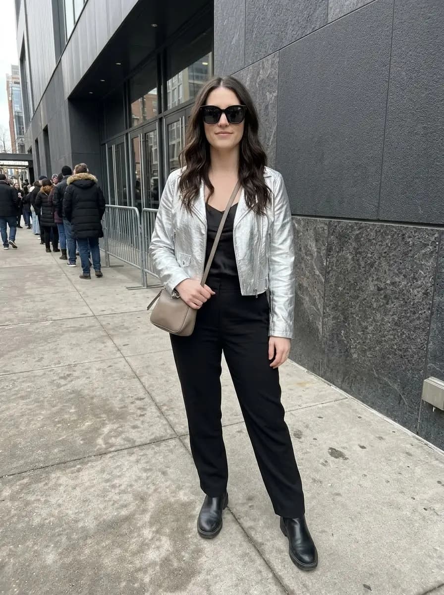 Silver metallic moto jacket over black camisole top with relaxed black trousers and boots