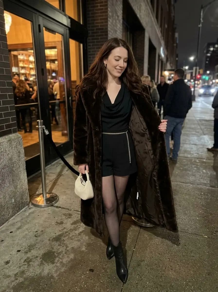 Floor-skimming brown faux-fur coat over black cowl-neck top and shorts with sheer black tights