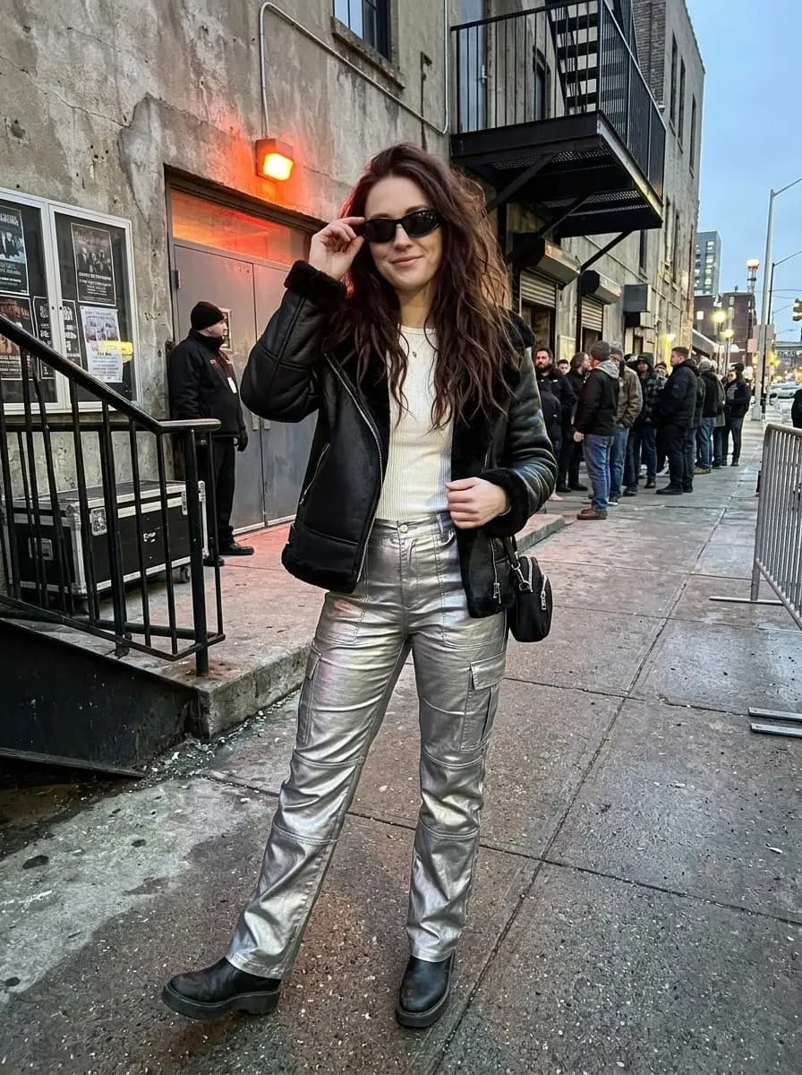 Black faux-fur-lined moto jacket with white ribbed tank and silver metallic cargo pants