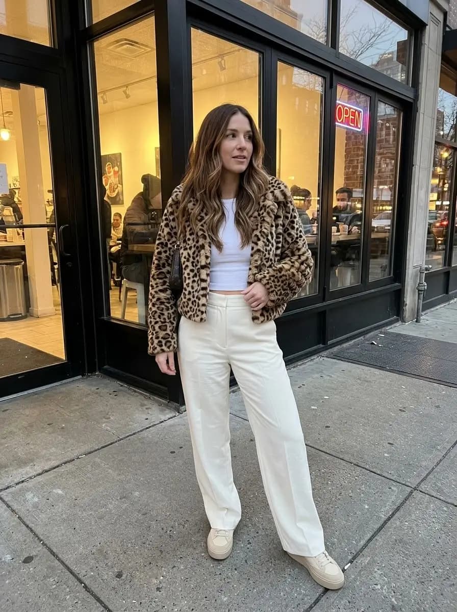 Cropped leopard-print faux-fur jacket with white cropped top and cream wide-leg trousers