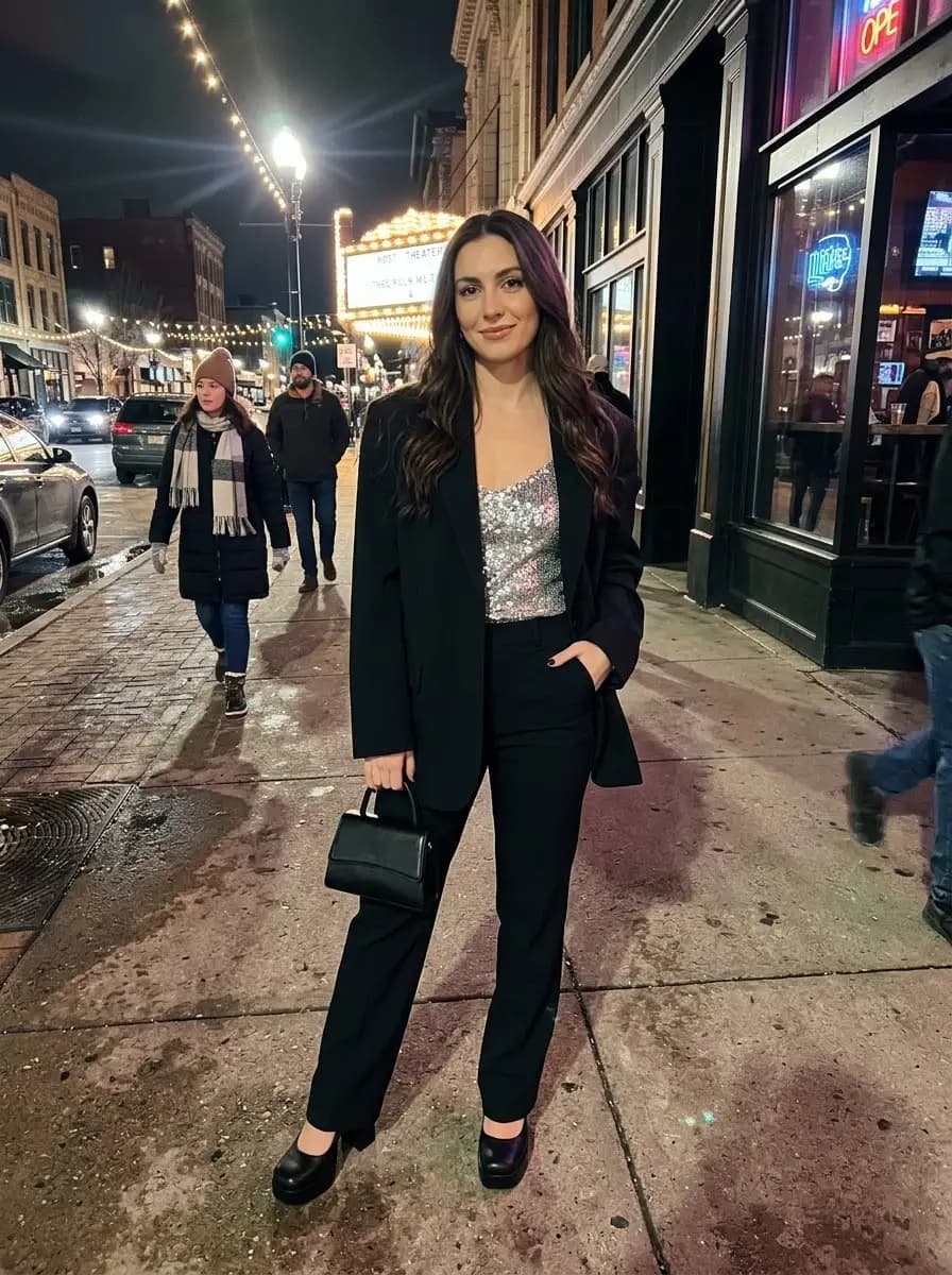 Oversized black blazer with silver sequin camisole top, black tailored trousers, and platform Mary Janes