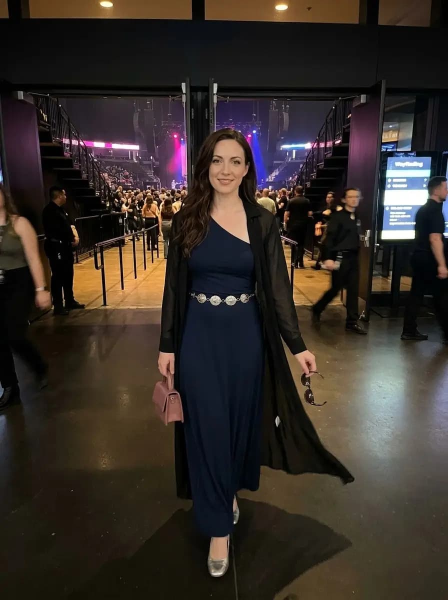 Navy one-shoulder maxi dress with long black sheer duster kimono and silver medallion belt