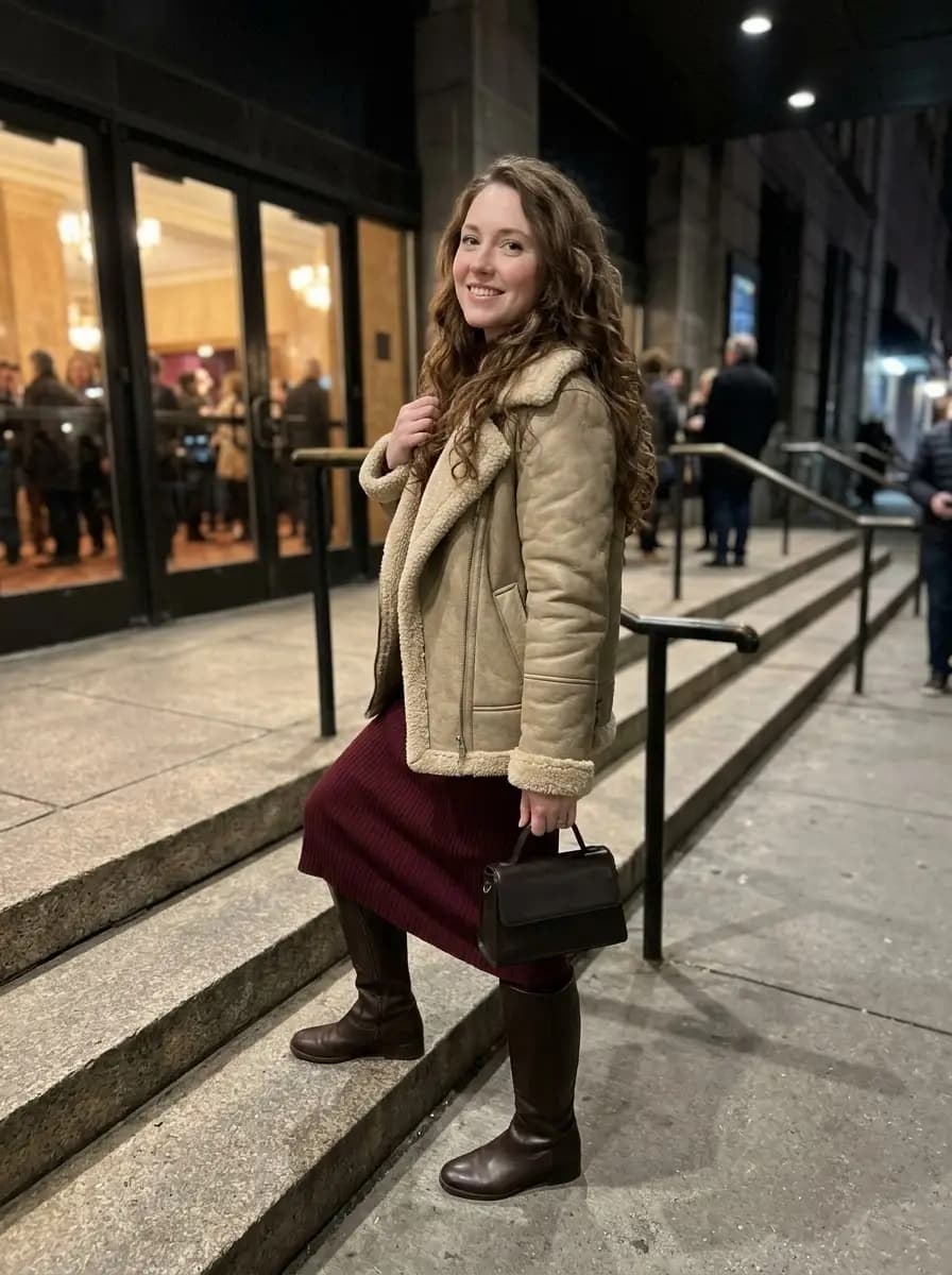 Tan shearling-lined aviator jacket over burgundy ribbed knit midi dress with tall brown leather boots
