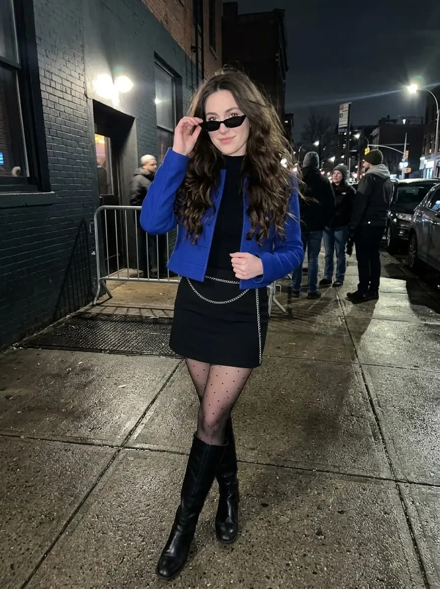 Royal blue cropped jacket with black turtleneck, black mini skirt, and polka-dot tights