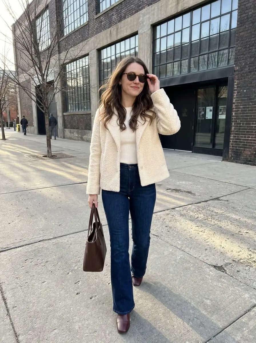 Cream textured cropped jacket over white ribbed knit top with high-waisted dark-wash flare jeans