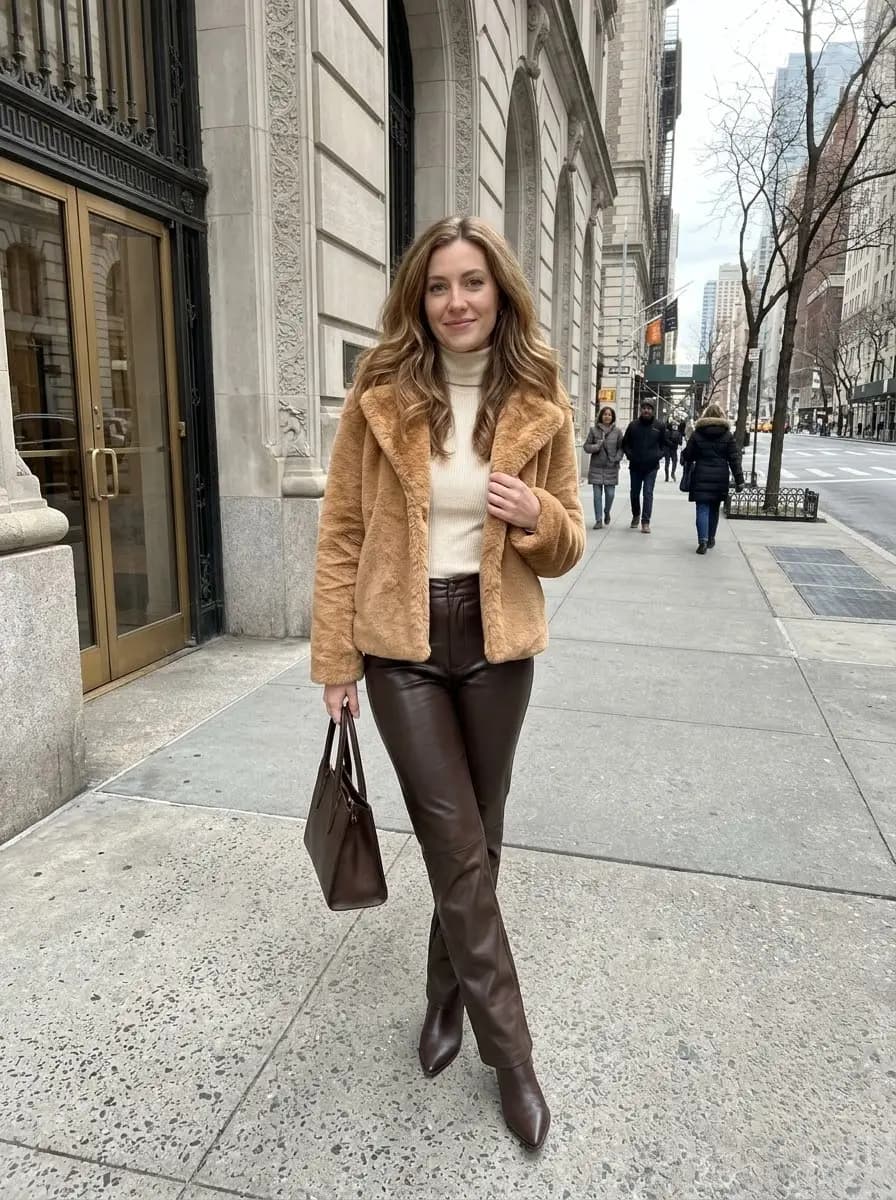 Plush tan faux-fur jacket with cream turtleneck sweater and high-waisted brown faux-leather pants