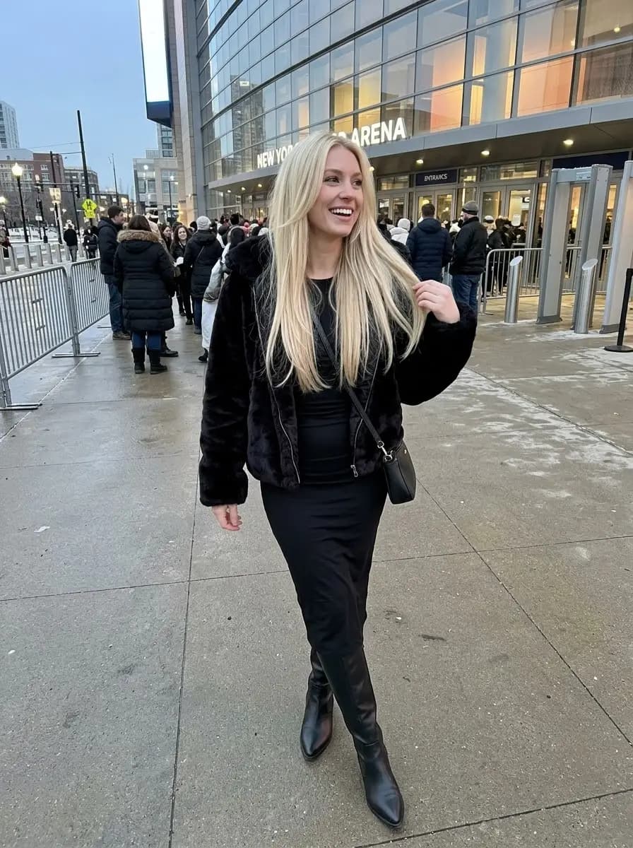 Cropped black faux-fur jacket over fitted black long-sleeve bodycon dress with tall leather boots