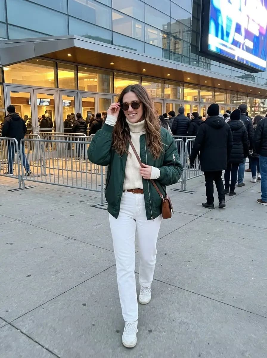 Forest green bomber jacket with chunky cream turtleneck sweater, white straight-leg jeans, and white sneakers