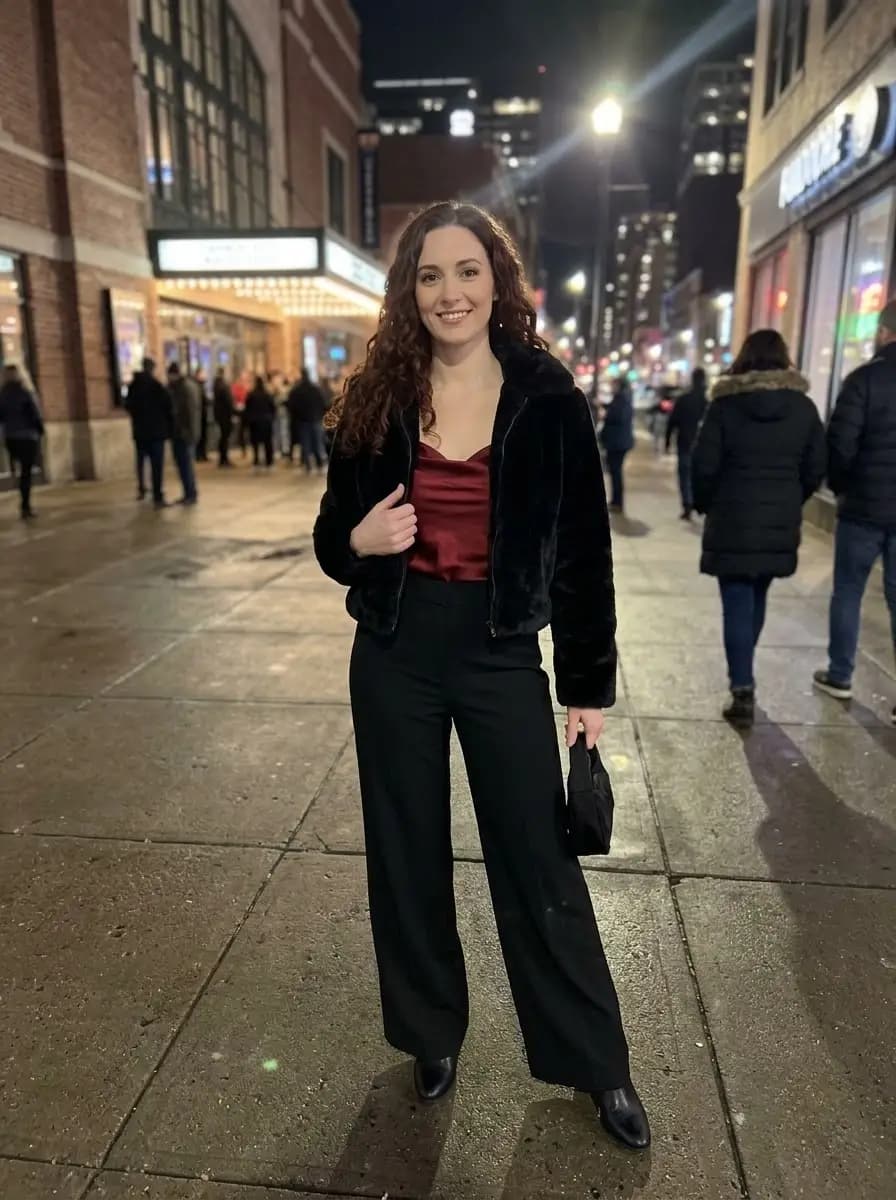 Black cropped faux-fur jacket with burgundy satin camisole and black wide-leg trousers