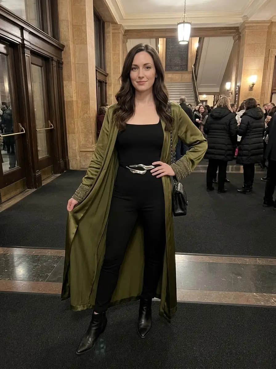 Flowing olive green satin duster coat with embellished cuffs over a black jumpsuit