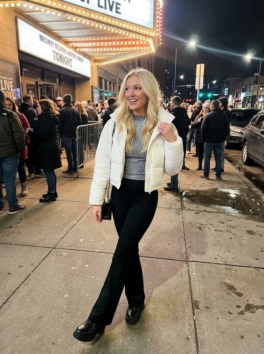 Cropped white puffer jacket with shimmering grey knit top and black flared pants