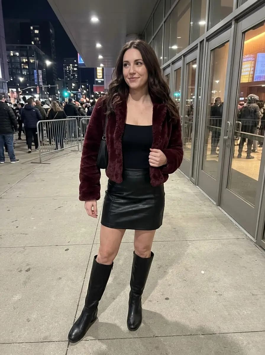 Burgundy faux-fur cropped jacket with black scoop-neck top, black leather mini skirt, and tall boots