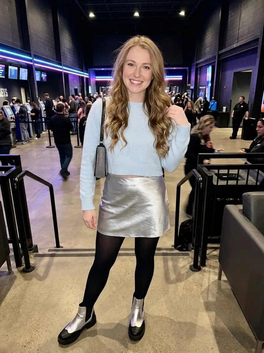 Pale blue cropped knit sweater with silver metallic mini skirt, black tights, and chunky boots