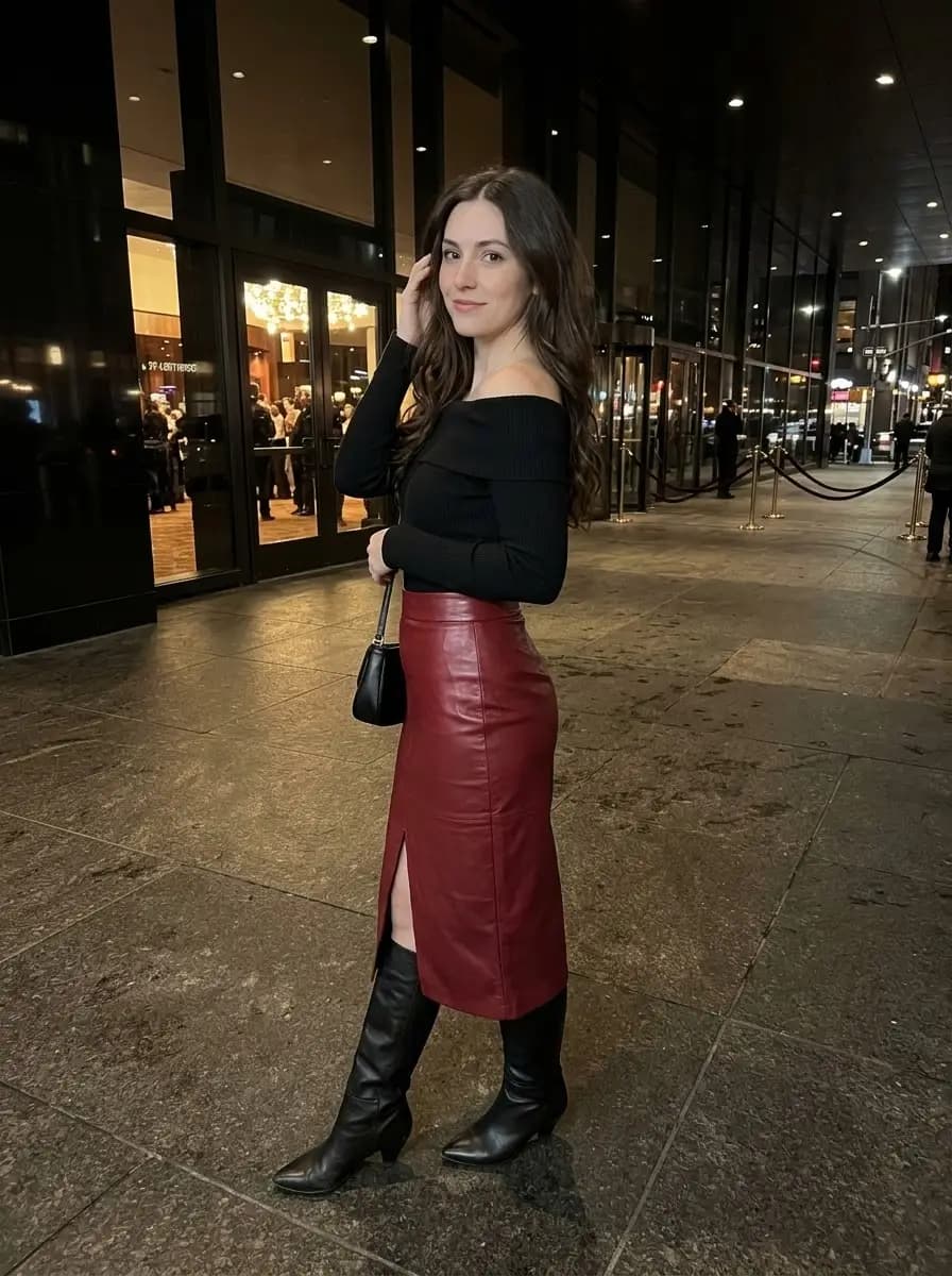 Black off-the-shoulder top with deep burgundy leather midi skirt with side slit and tall black boots