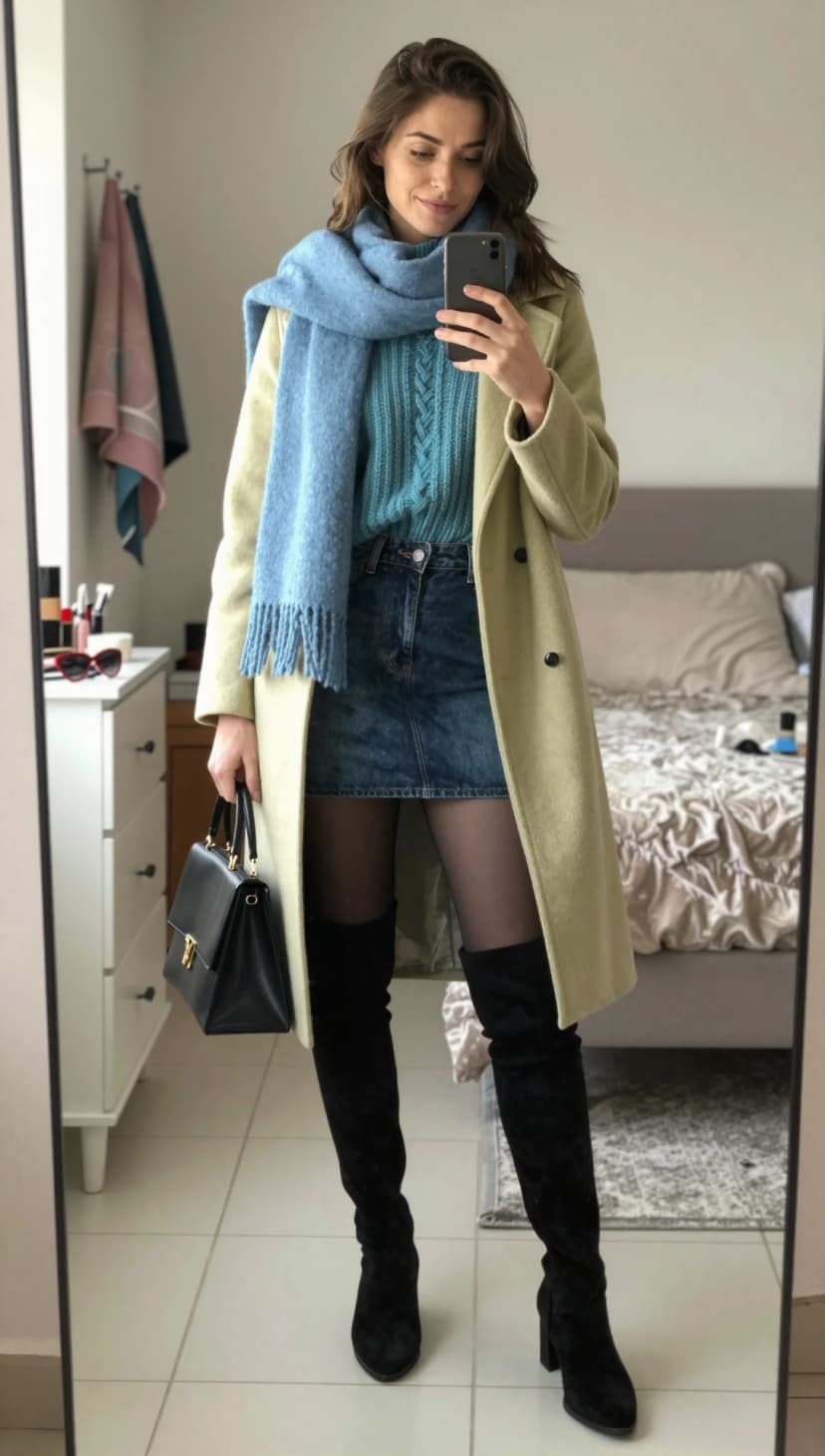 Teal Cable Knit Sweater + Dark Wash Denim Mini Skirt + Light Yellow Wool Coat + Black Suede Over-The-Knee Boots + Sky Blue Wool Scarf