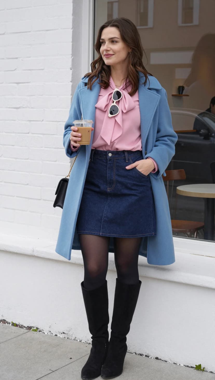 Pink Bow Neck Blouse + Blue Denim Mini Skirt + Black Tights + Black Suede Knee-High Boots + Light Blue Wool Coat