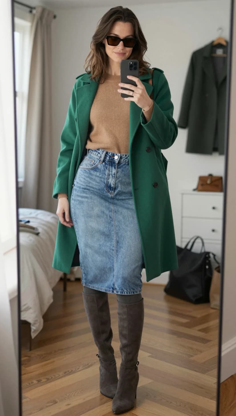 Camel Ribbed Knit Sweater + Light Wash Denim Midi Skirt + Forest Green Wool Coat + Charcoal Suede Boots